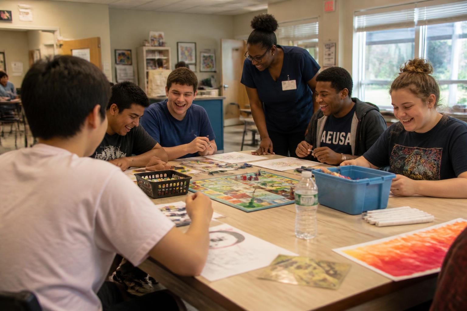 Young adults in their twenties laughing together over a board game and art activity with a staff member