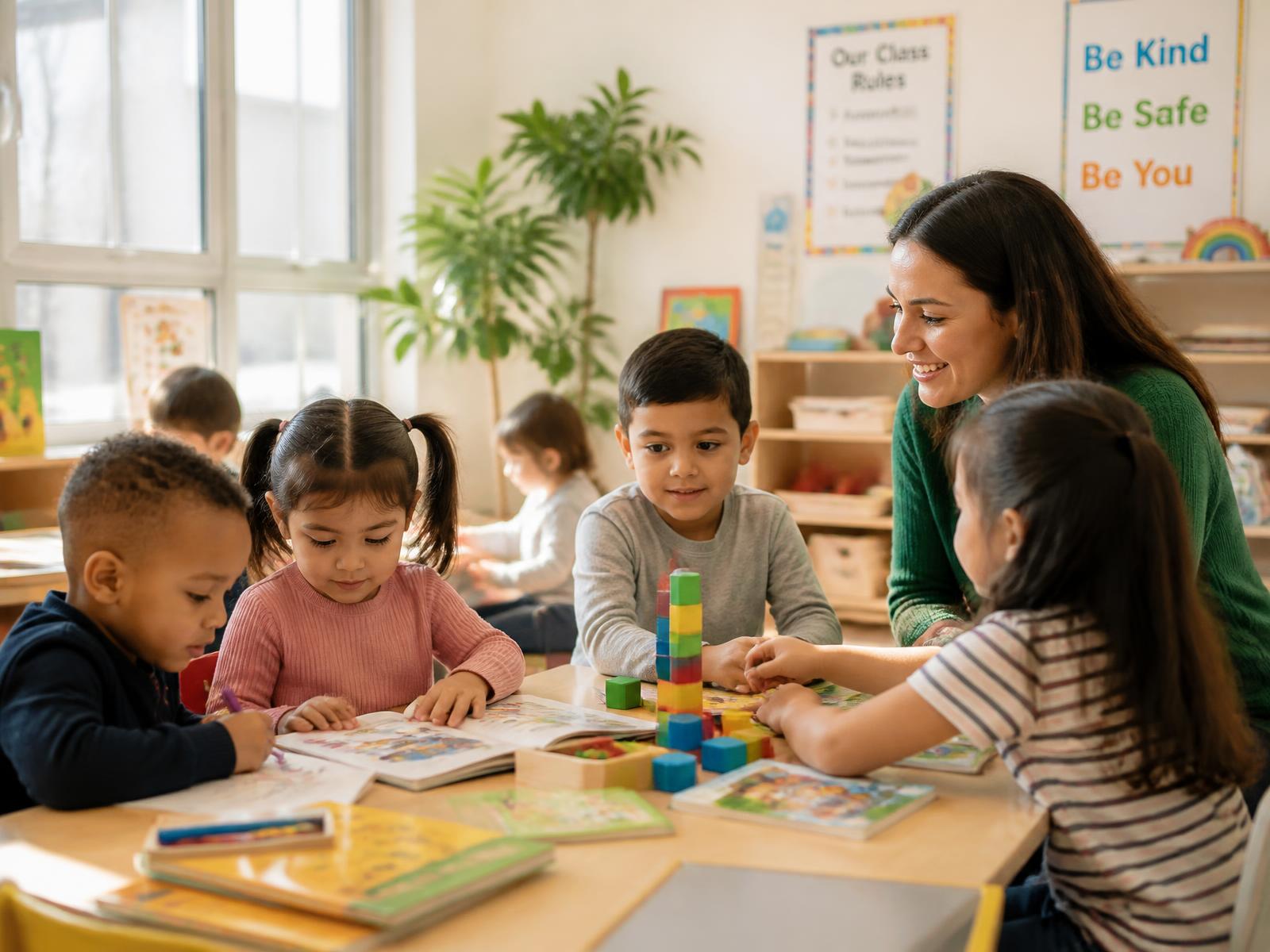 Teacher guiding children through classroom activities in a bright childcare center