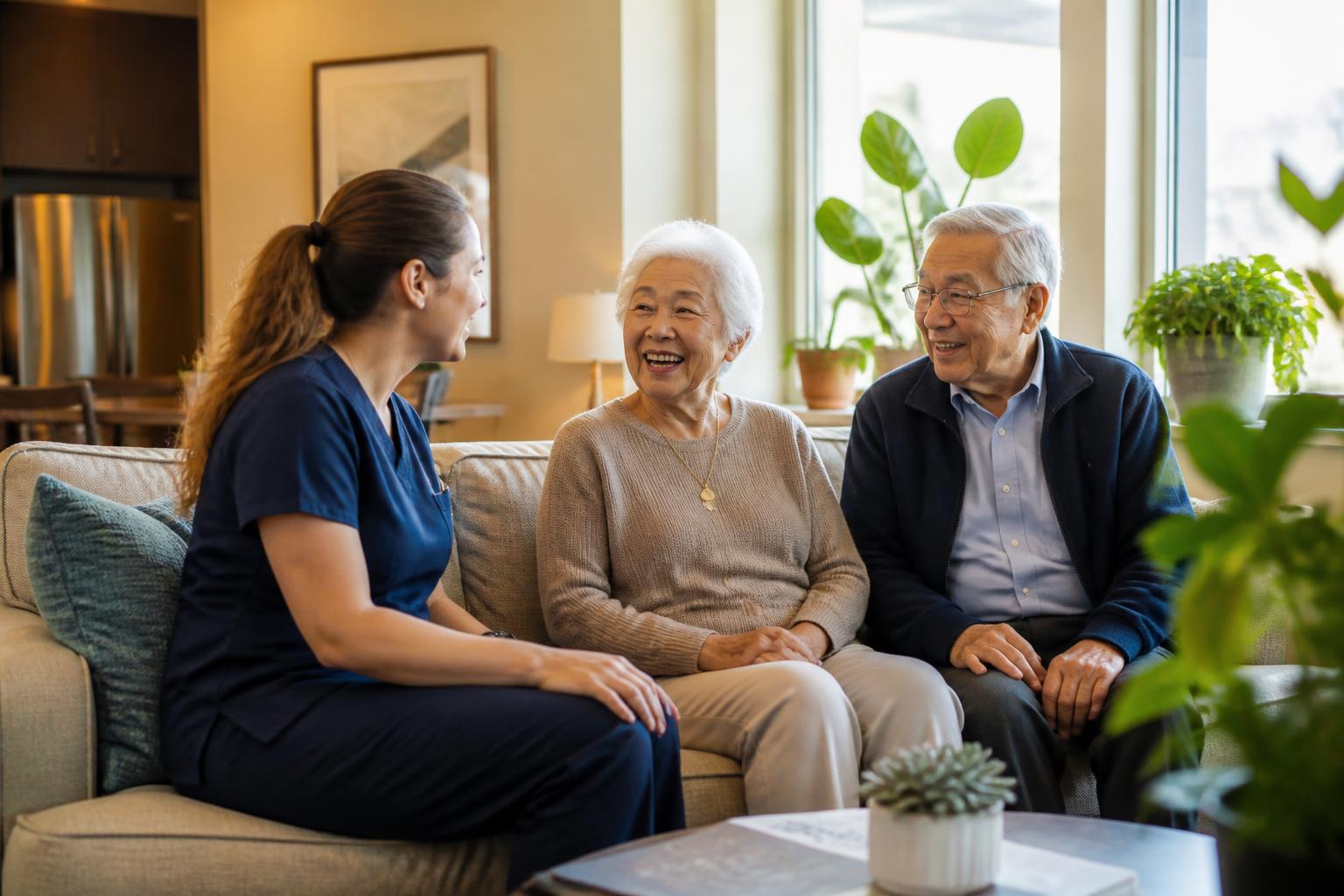 Caregiver visiting with elderly residents in a bright affordable senior housing community room